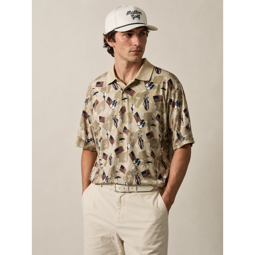 Croft & Barrow Sport Mens XL Golf Polo Shirt American Flag Patriotic Tan Cotton